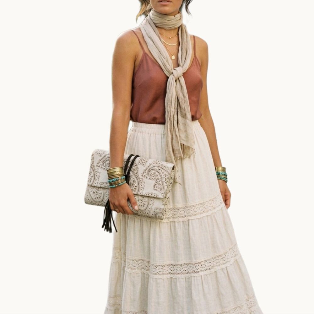 Penelope Chilvers Paisley Hair on Hide Leather Clutch Wrap Bag Boho Tassel Cream